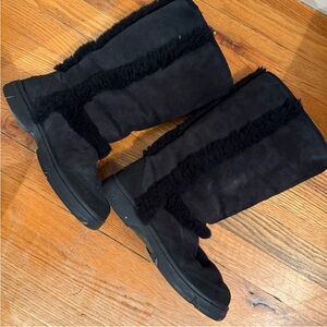 UGG Black Suede Tall Shearling-Trim Winter Boots
